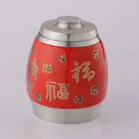 定制           97.9纯锡陶瓷茶叶罐 红色鼓型五福临门密封罐 金属锡罐