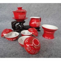玲珑紫砂茶具10头玲珑红瓷（盖碗）会议商务活动礼品