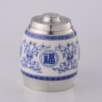 定制          纯锡陶瓷系列密封茶叶罐锡罐  鼓型五福临门（青花）